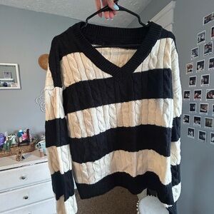 Striped Black and Cream Cable Knit Sweater
